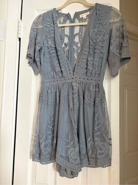 Light Blue Lace Floral V-Neck Women's Romper